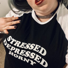Load image into Gallery viewer, Stressed Depressed Horny Raglan Shirt
