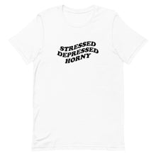 Load image into Gallery viewer, Stressed Depressed Horny Unisex T-Shirt

